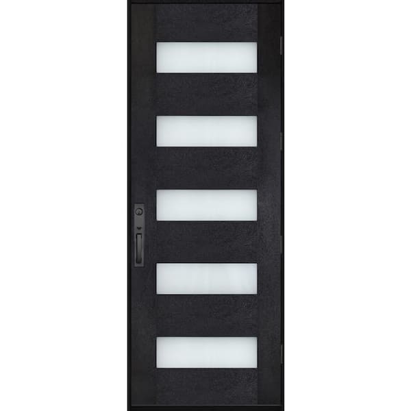 Regency 36 in. x 96 in. 5L Modern Clear Glass LHOS Onyx Stain Fiberglass Prehung Front Door w/8011 Black Lockset