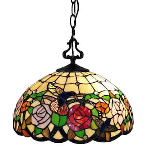 2-Light Tiffany Style Hummingbirds Floral Hanging Pendant with Glass Shade