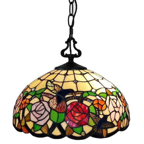 Amora Lighting 2-Light Tiffany Style Hummingbirds Floral Hanging Pendant with Glass Shade