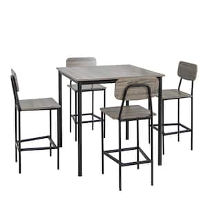 5-Piece Square Grey Wood Industrial Dining Table Set with Counter Height Table and 4 Bar Stools Black