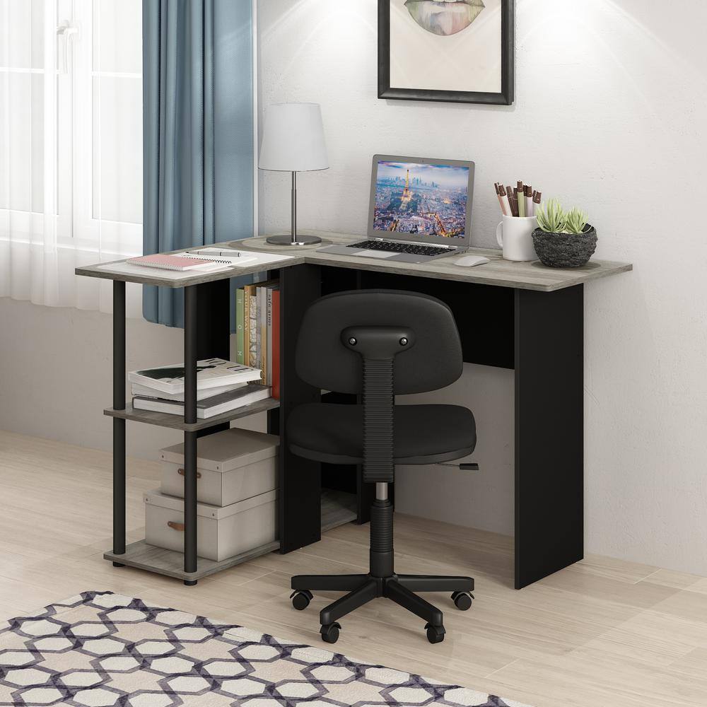 French Oak Grey and Black L-Shaped Writing Desk with Drawer