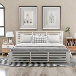 White Wood Frame King Size Platform Bed with Horizontal Strip Hollow Shape
