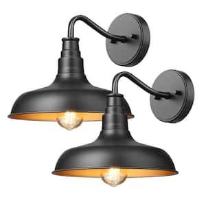 10 in. Matte Black Barn Outdoor AC Wall Lantern Mental Shade Sconce with No Bulbs Included (2-Pack )
