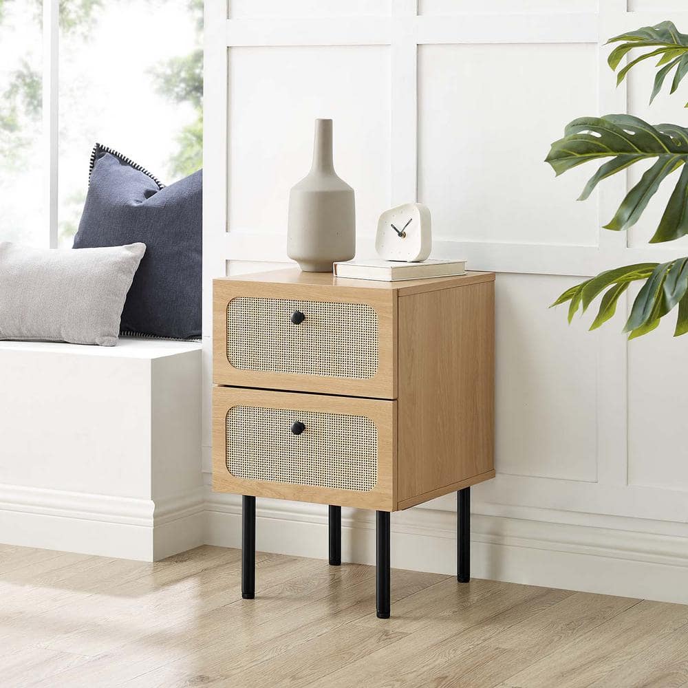 Oak and Rattan 2-Drawer Nightstand with Black Legs