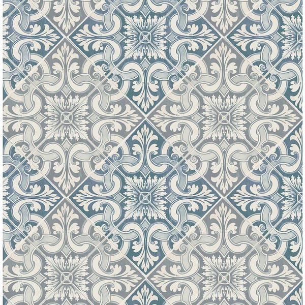 56 sq. ft. Smokey Blue and Metallic Chiffon Aveline Faux Moroccan Tile Unpasted Paper Wallpaper Roll
