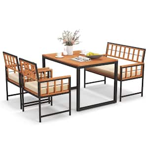 4-Piece Acacia Wood Rectangle 29.5 in Outdoor Dining Set with Cushions Beige