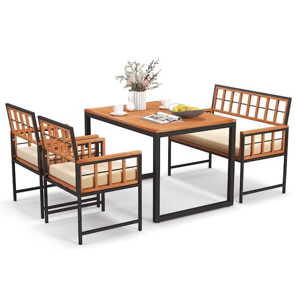 Costway 4-Piece Acacia Wood Rectangle 29.5 in Outdoor Dining Set with Cushions Beige