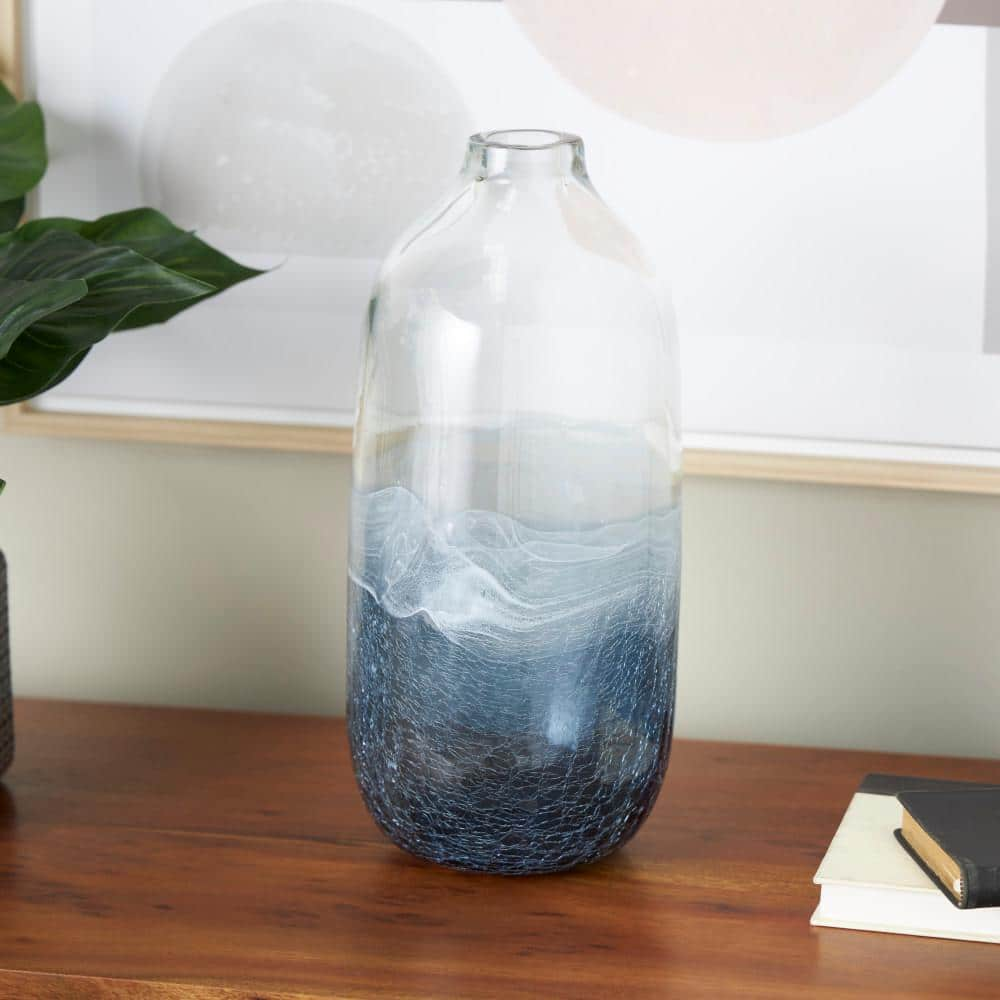 Litton Lane Dark Blue Wavy Ombre Glass Decorative Vase with Textured Base