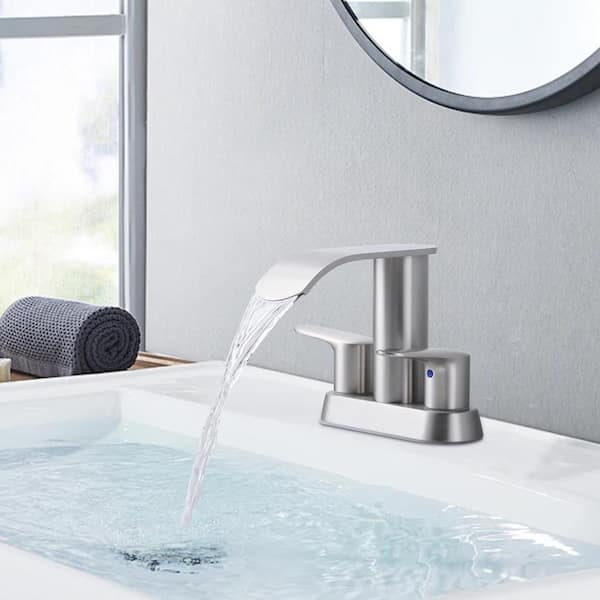 4 in. Centerset Double Handle Waterfall Stainless Steel Bathroom Faucet with Drain Kit Included in Brushed Nickel