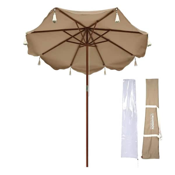 7 foot patio umbrella home depot 7 ft. Boho Fringe Round Market Outdoor Patio Umbrella 95 in. Beige +  Tassels YES2707