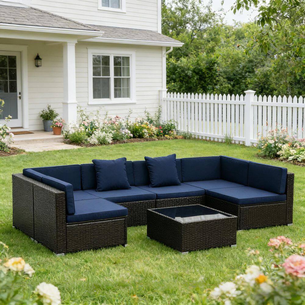 Dark Brown 7-Piece Wicker Outdoor Sectional Set with Dark Blue Cushions Durable Construction price history on PriceWatchPro