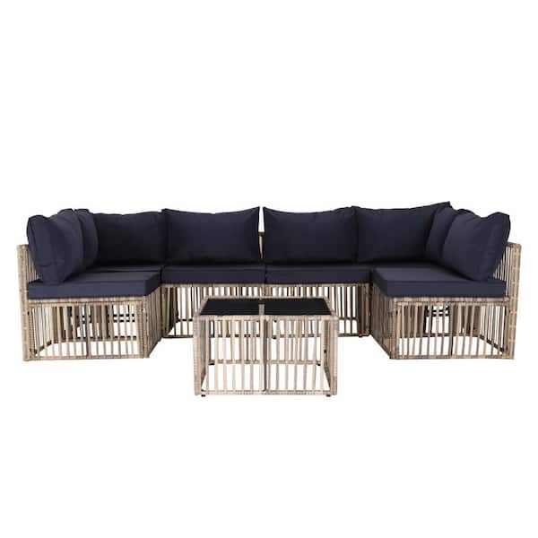 Zeus & Ruta 7-Piece Gray Wicker Outdoor Conversation Set with Blue Cushions for Garden Backyard