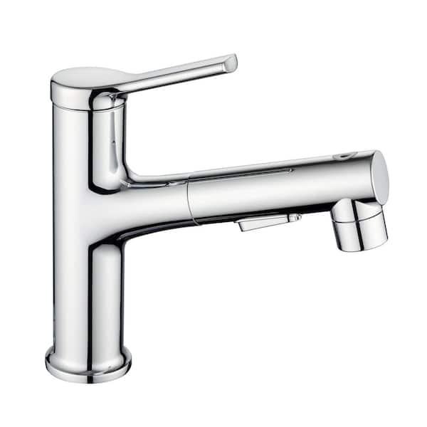 Mondawe Mondawell Pull Out Swivel Single Handle Single Hole Low Arc Bathroom Faucet with Pull Out Sprayer in Chrome