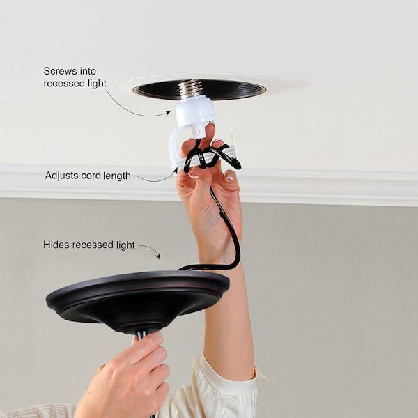 Instant Pendant 1-Light Recessed Light Conversion Kit Brushed Bronze Linen Glass Shade