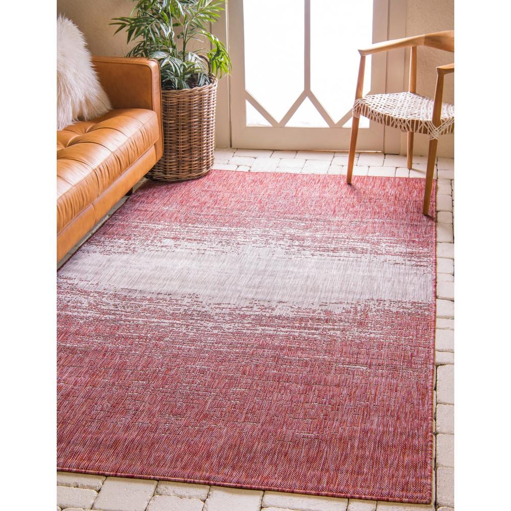 Rust Red and Gray Synthetic Outdoor Rectangular Area Rug