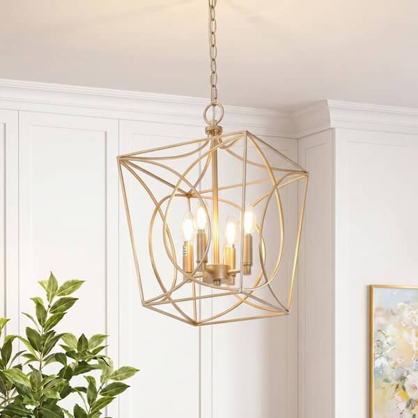 12 in. Farmhouse 4-Light Gold Chandelier Pendant, Adjustable Chain Ceiling Light Fixture for Kitchen, Dining Room