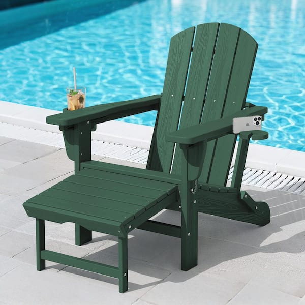 JEAREY 3-Level Adjustable Patio Folding Plastic Adirondack Chair with Retractable Ottoman, Cup and Phone Holders in Dark Green