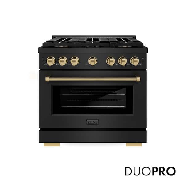 Autograph Edition 36 in. Black Stainless Paramount Dual Fuel Range with 6 Burner DuoPro Cooktop and Bronze Helix Handle
