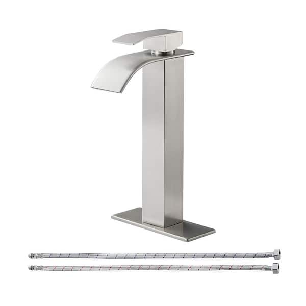 Heemli Waterfall Single Hole Single-Handle High-Arc Bathroom Faucet with Supply Line and Deckplate in Brushed Nickel