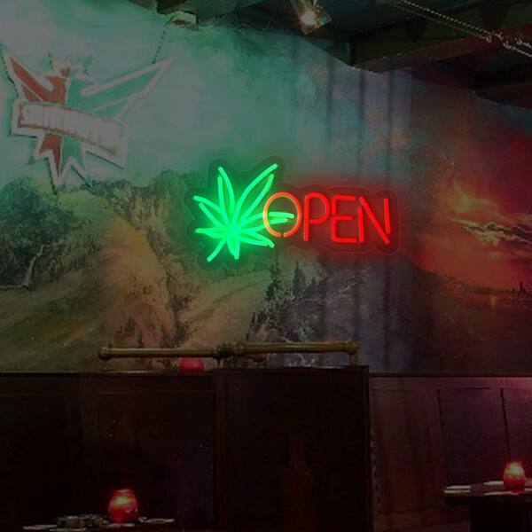 Afoxsos Open Neon Sign Dimmable Green Leaf LED Wall Decor Neon