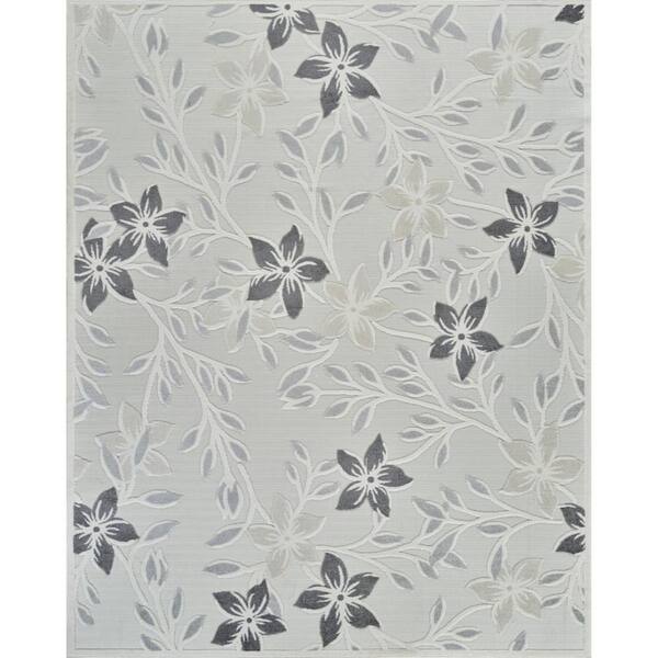 HomeRoots Cream, Gray 5 ft. x 7 ft. Woven Floral Polypropylene Rectangle Indoor/Outdoor Area Rug