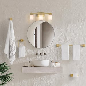 Caia 22.38 in. 3-Light Vanity Light with FrostedGlass Shades and Bathroom Hardware Accessory Set Gold Painting (5-Piece)