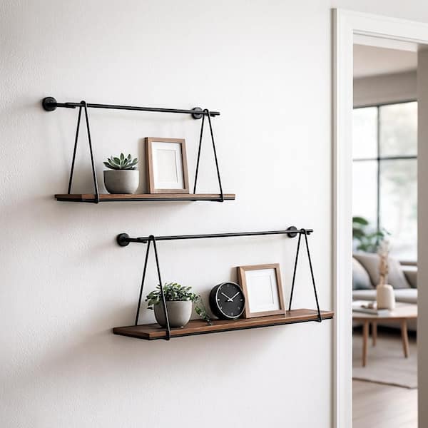24 in. x 7 in. Brown Round Wood Swing Like Decorative Accent Wall Shelf (Set of 2)