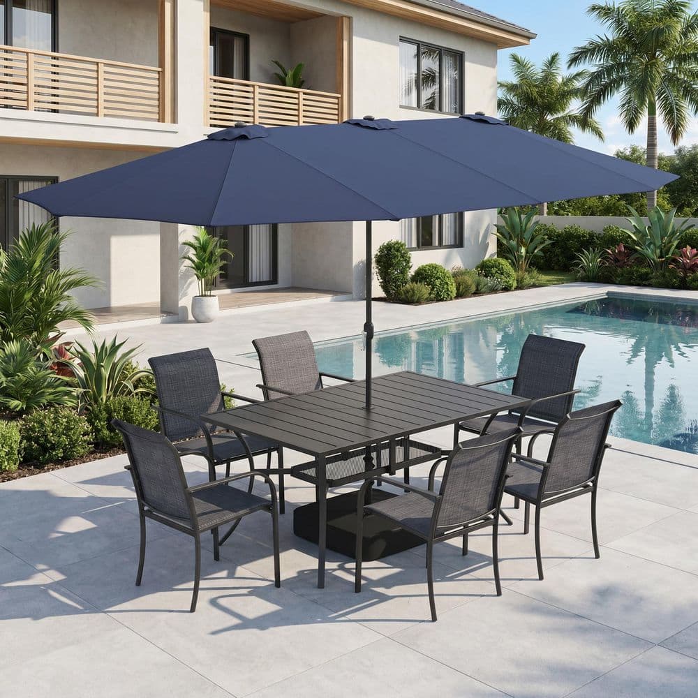 8-Piece Metal Outdoor Dining Set with 59.2 in. Rectangle Table, 6 Dark Gray Stackable Textilene Chairs and Blue Umbrella price history on PriceWatchPro