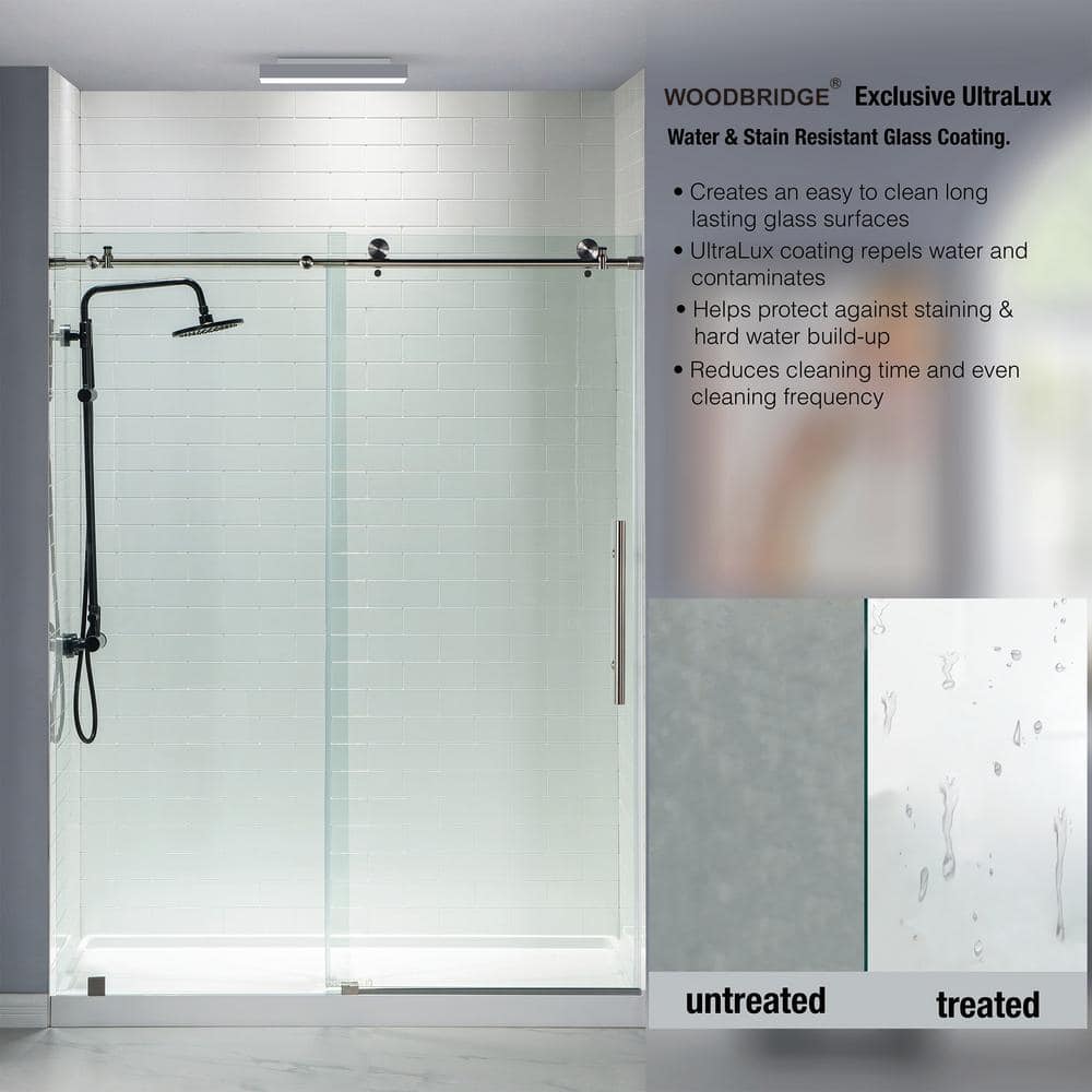 76” H Frameless Sliding Shower Door (56-60 Inch Adjustable Width) with Reversible Installation, Safety Glass, Anti-Splash Design