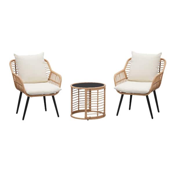 OVASTLKUY 3-Piece Wicker Patio Garden Furniture Sofa Set with Beige Cushion