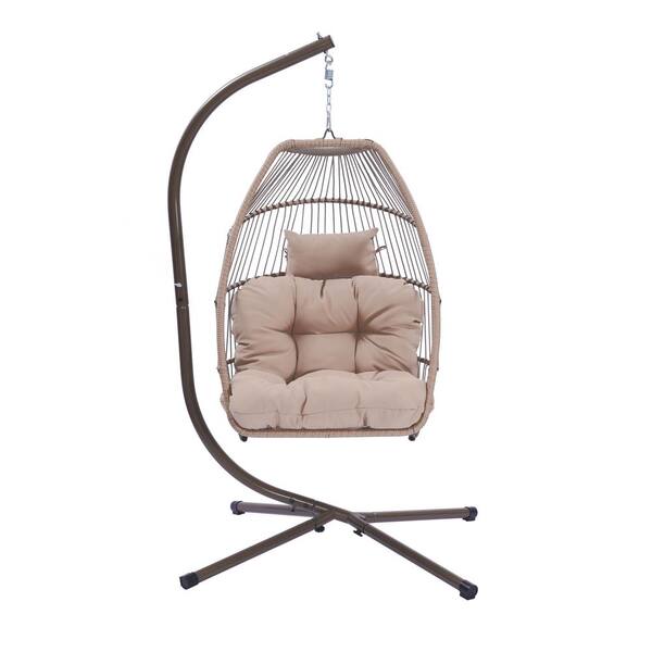 Unbranded 6.3ft Outdoor Indoor Freestanding Khaki Rattan Swing Chair Hammock With Stand And Cushion
