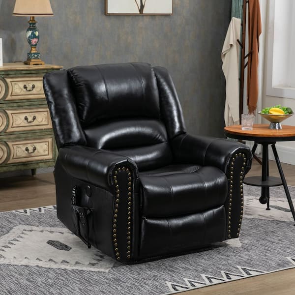 Black Dual Motor Genuine Leather Power Lift Recliner Heat Massage, Heavy Duty Motion Mechanism with USB Ports
