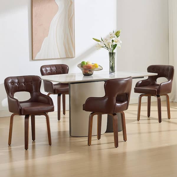 Brown Faux Leather Upholstered Solid Wood Kitchen Chairs Swivel Dining Chairs (Set of 4)