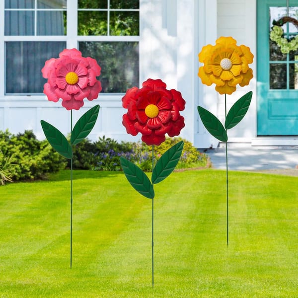 39.5 in. H Metal Dimensional Metal Flower Yard Stake Wall Decor (2-Functions) (Set of 3)
