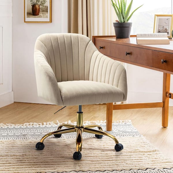 Jacinda Modern Tan Velvet Swivel and Adjustable Task Chair with Gold Base