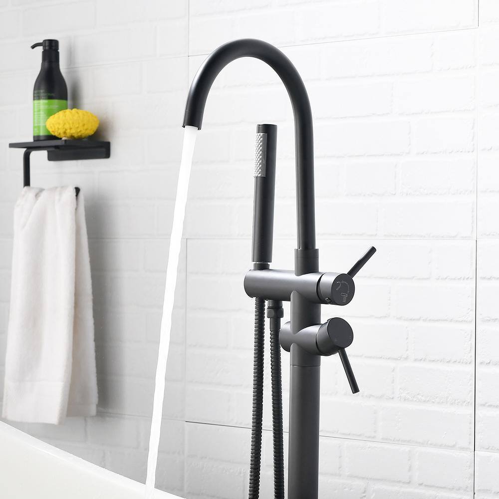 Matte Black Floor Mount Freestanding Tub Filler with Handheld Shower