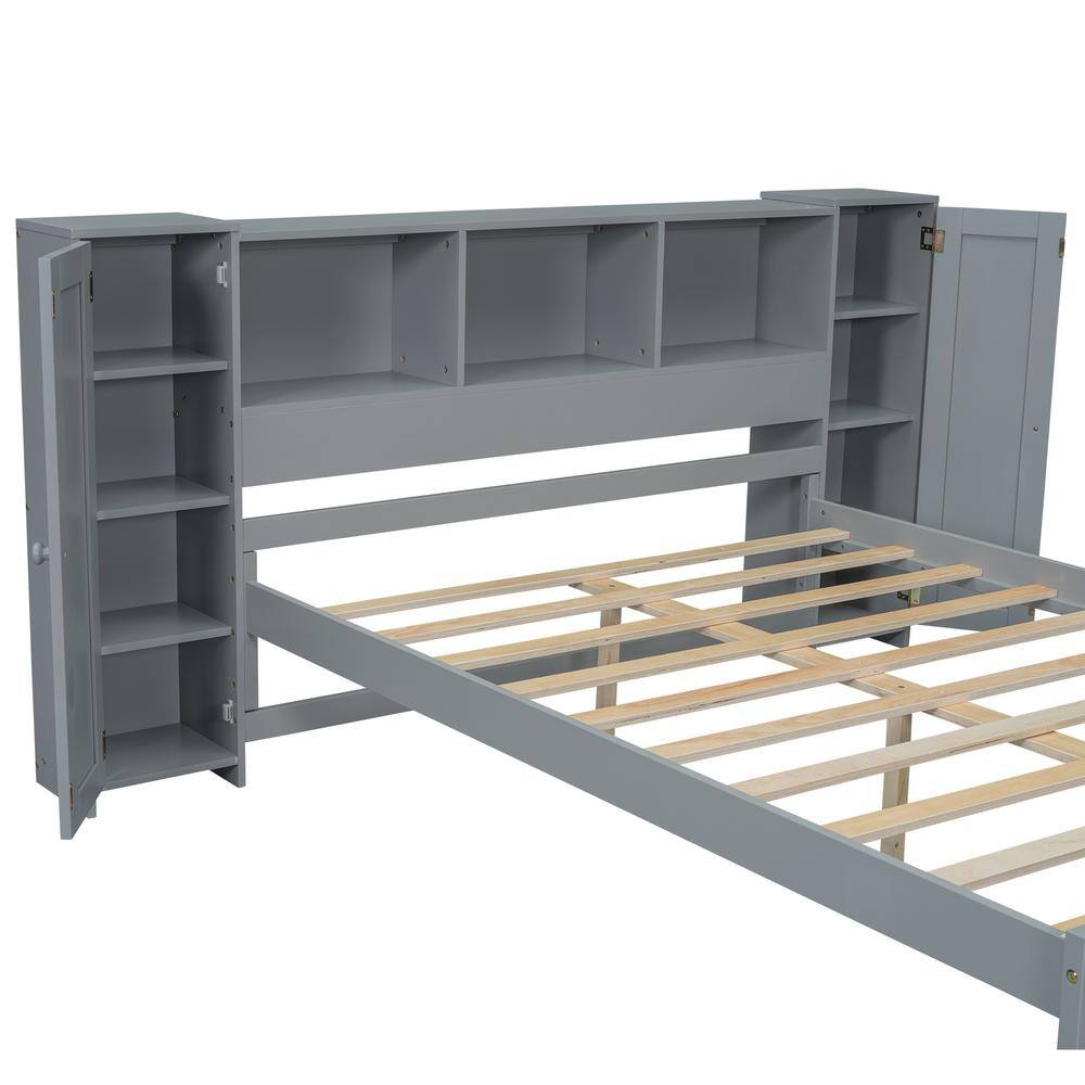 Gray Full Size Wood Platform Bed with Storage Headboard and Cabinets