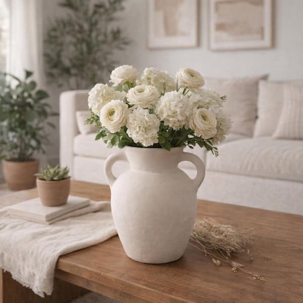 9 in. Ivory Ceramic Amphora Shape and Handles Decorative Vase