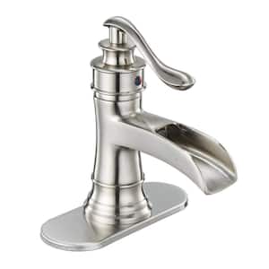 Single Handle Single Hole Waterfall Bathroom Faucet with Deck Plate Included in Brushed Nickel