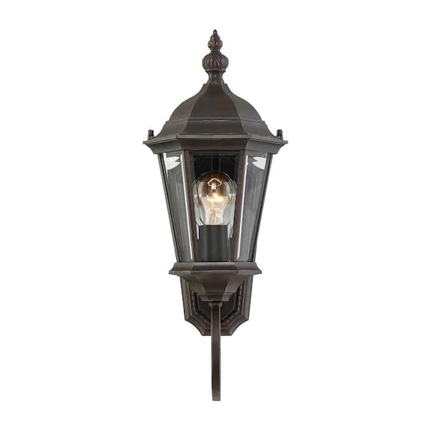 Savoy House Wakefield 8 in. W x 20 in. H 1-Light Walnut Patina Hardwired Outdoor Wall Sconce with Clear Glass Shade
