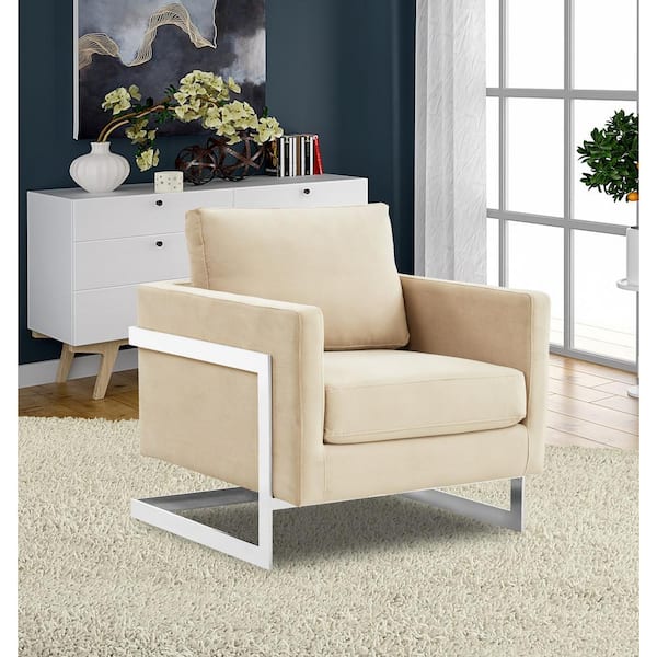 Leisuremod Accent Armchair in Modern Velvet with Stainless Steel Base and Removable Cushions Lincoln Series in Beige