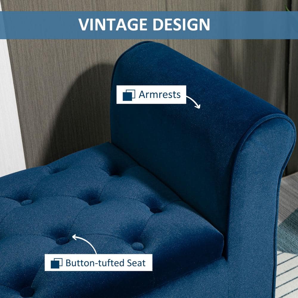 Elegant Blue Velvet Button-Tufted Ottoman Bench with Storage and Rolled Armrests
