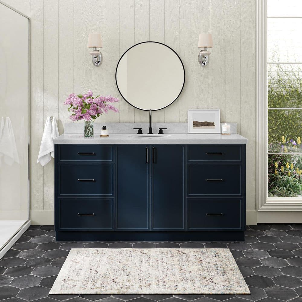 Kelly 66 in. Single Sink Freestanding Bathroom Vanity in Midnight Blue with Carrara White Marble Top price history on PriceWatchPro