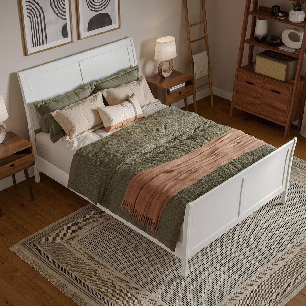 Valencia White Full Sleigh Platform Bed with Wood Frame