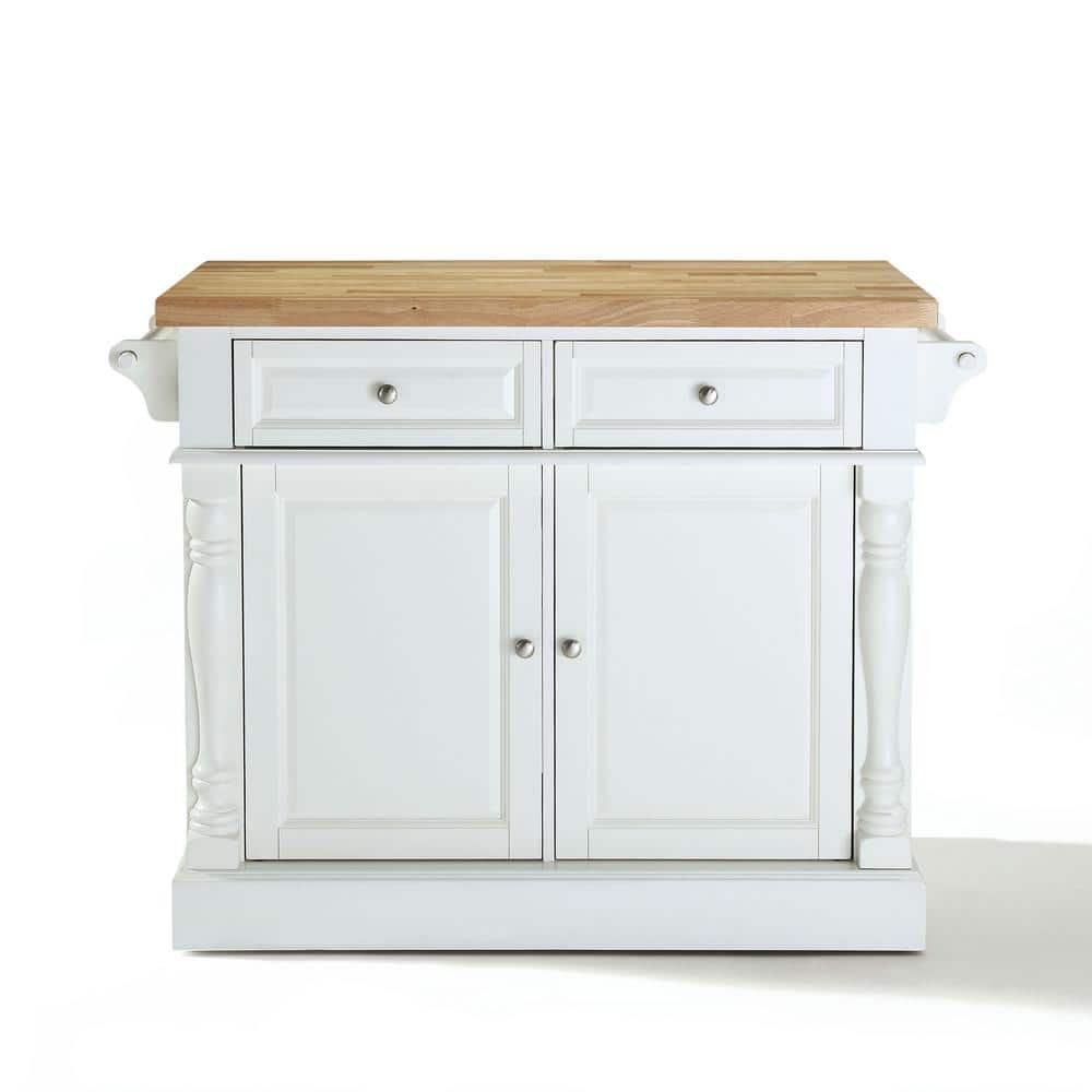 Elegant White Butcher Block Top Kitchen Island with Storage