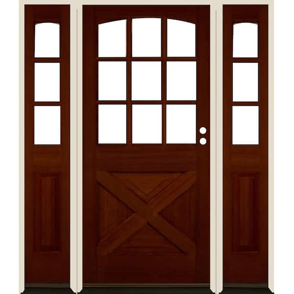 Krosswood Doors 64 in. x 80 in. Farmhouse X Panel LH 1/2 Lite Clear Glass Red Chestnut Stain Douglas Fir Prehung Front Door with DSL