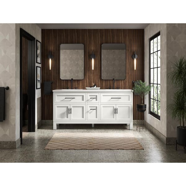 Quo 73in. Double Sink Freestanding White Bath Vanity with White Quartz Top Assembled