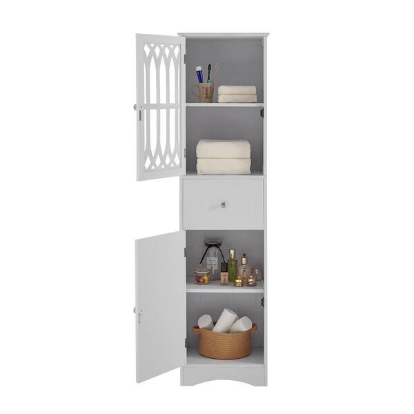 Merax Slim Tall Bathroom Storage Cabinet with Adjustable Shelf, Drawer and  2 Doors, Freestanding Linen Tower, 16.5 L x 14.2''W x 63.8''H, Grey