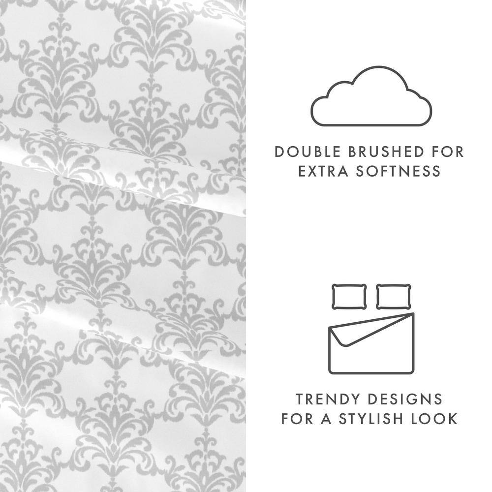 Light Gray Floral Print Microfiber Queen Sheet Set