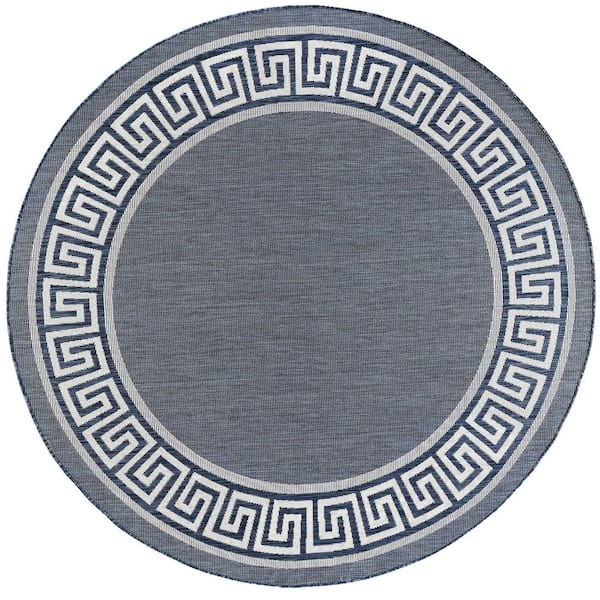 Tayse Rugs Eco Greek Key Navy 8 ft. Round Indoor/Outdoor Area Rug